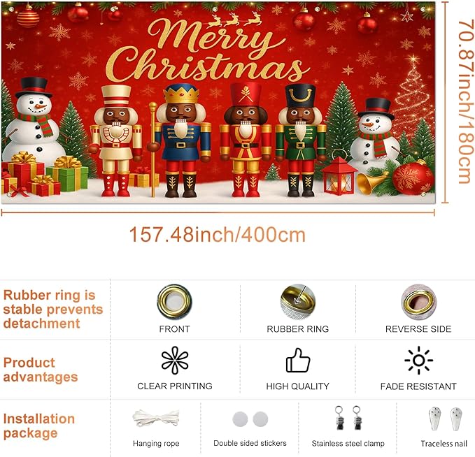 IVN Christmas Garage Door Banner 13x6ft Black Nutcracker Christmas Porch Banner Decorations Snowman Merry Christmas Garage Door Cover Decoration Home Door Front Yard Decor for Xmas Eve Holiday Outdoor