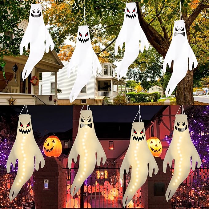Geefuun 4PCS Warm Light Halloween Fierce Ghost Windsocks Hanging Decorations - 43 Inch Flag Wind Socks for Home Yard Outdoor Decor Party Supplies (Batteries Not Included,No Timer)