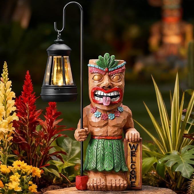 Solar Tiki Outdoor Statues Funny Tiki Bar Decor with Solar Light Waterproof Tiki Figurines Decoration for Lawn Yard Balcony Patio Garden for Christmas Housewarming