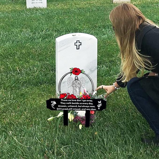 Memorial Grave Stake with Jesus and Roses - Metal Sympathy Grave Marker, Waterproof Outdoor Cemetery Garden Decoration(Jesus)
