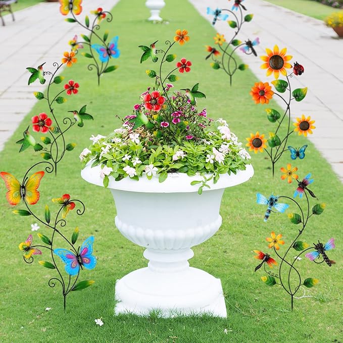 Menkxi 4 Pcs Butterfly Metal Garden Stakes Hummingbird Sunflower Dragonfly Flowers Garden Stake Decor Metal Wall Decor Trellis for Climbing Plants Outdoor Spring Art Housewarming Gift, 4 Styles