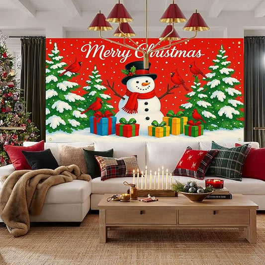HOMETITUTE Merry Christmas Garage Door Banner 13x6ft Festive Backdrop Cheerful Snowman with Colorful Gifts Photo Prop Background for Joyful Holiday Yard Outdoor Winter Scene Display