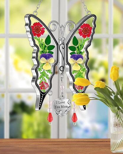 KY&BOSAM Gifts for Mom Butterfly Suncatcher I Love You Mom Stained Glass Sun Catcher Hanging for Window Wind Chime Pressed Dried Flowers Engraved and Metal Charm Mothers Day Valentine's Birthday Decor
