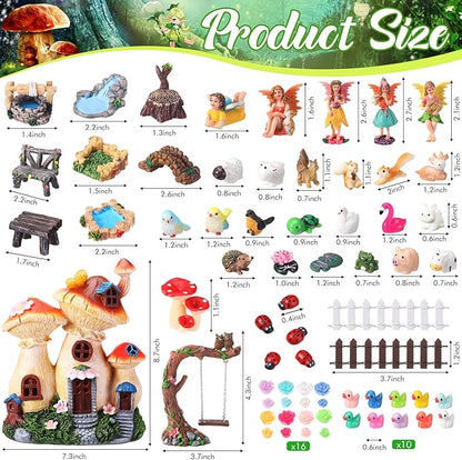 HyDren 100 Pcs Fairy House Garden Kit Accessories Miniatures Fairy Figures Gnomes Mushroom House Solar Light Resin Dwarfs Statue Micro Landscape Ornaments for DIY Yard Outdoor Dollhouse Decoration