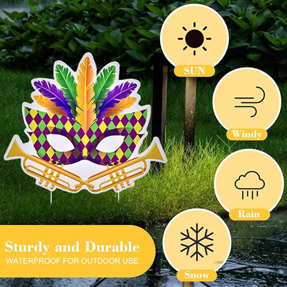 10 Pieces Mardi Gras Decorations Outdoor Yard Garden Porch Sign - Large Festive Mask, Jester, Crown, Drum, and Hat Masquerade Design Signs with Stakes for Outside Carnival Patio Pathway Lawn Decor