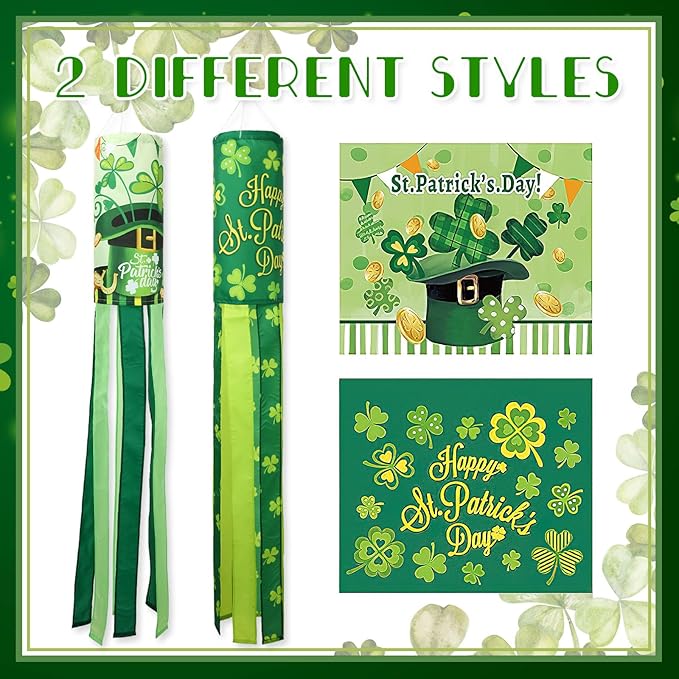 NOVWANG 2 Pieces St. Patrick's Day Windsock, 40 Inch Green Shamrock Outdoor Hanging Decorative for Balcony, Yard, Lawn, Patio, Garden