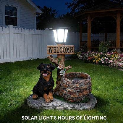 20" Solar Rottweiler Garden Statue with Welcome Sign & Planter - Large Dog Sculpture with LED Street Lantern - Weatherproof Resin Decorative Flower Pot for Porch, Yard & Patio - Pet Lover Gift