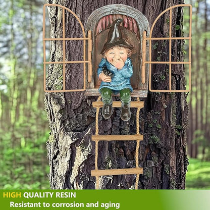 Garden Gnomes Decoration Outdoor Tree Faces Decor with Hanging Ladder for Yard, Elf Out The Door Tree Hugger Figurine Resin Garden Sculpture Ornament Whimsical Gnome Decor for Patio Yard Lawn