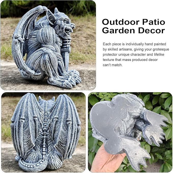 Resin Gargoyle Statue with Intricate Wings and Demonic Skull,Indoor Outdoor Patio Garden Backyard Halloween Home Decor