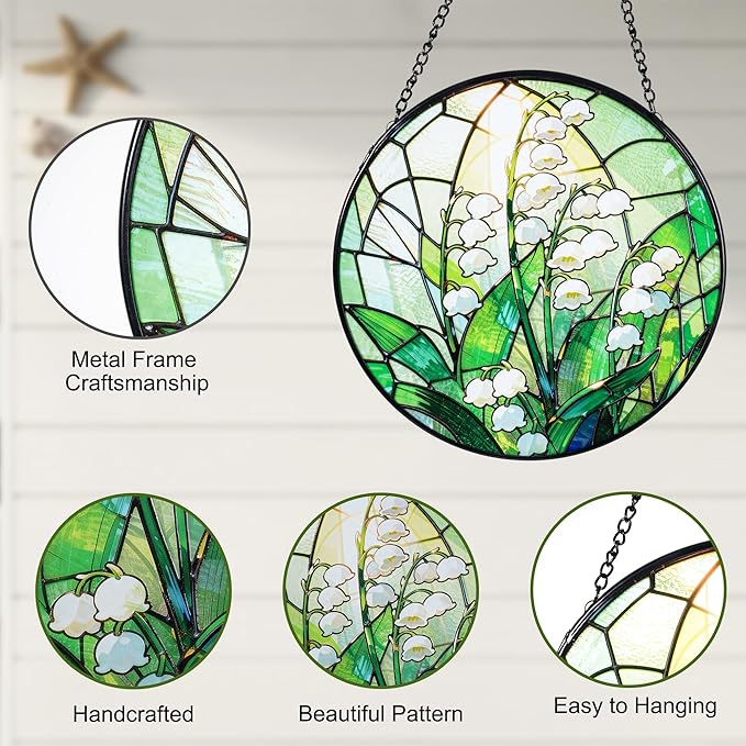 Stained Glass Window Hanging, Lily of the Valley Suncatcher 7.8 in Sun Catcher Boho Wall Art Decor with Chain Diamond Glass Panel Hangings Scenery Sun Catchers Decor for Lover Couple Mom