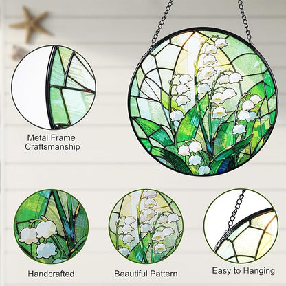 Stained Glass Window Hanging, Lily of the Valley Suncatcher 7.8 in Sun Catcher Boho Wall Art Decor with Chain Diamond Glass Panel Hangings Scenery Sun Catchers Decor for Lover Couple Mom