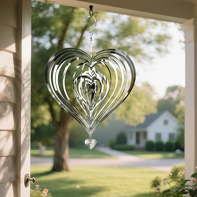 HOOSUN Metal Wind Spinners Outdoor for Yard and Garden Decor,Reflective Bird Deterrents for Outside Windows Patio Porch,Stainless Steel 3D Hanging Heart Wind Spinners Gifts for Mom Women
