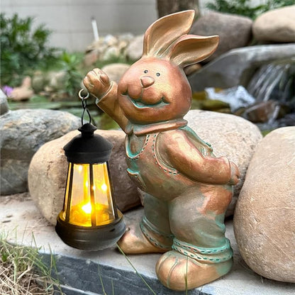 Solar Rabbit Garden Statue with LED Lantern - Outdoor Resin Animal Sculpture, Solar-Powered Waterproof Lawn Decor for Patio, Yard, Porch, Charming Easter Decor for Home & Garden (Bronze)