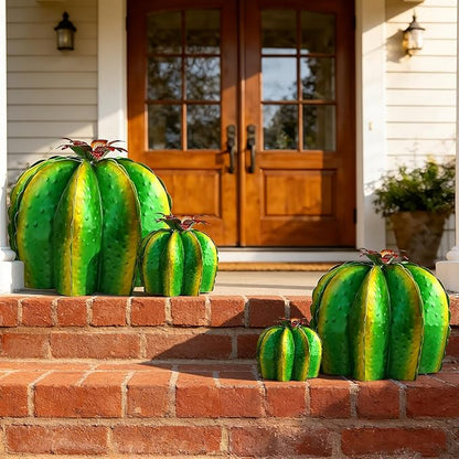 KODIBO Metal Cactus Yard Art, 4-Pack Desert Steel Garden Decor, Artificial Barrel Cactus with Flower Tops, Weather-Resistant Garden Sculptures & Statues, Outdoor Decorations for Patio Lawn Porch