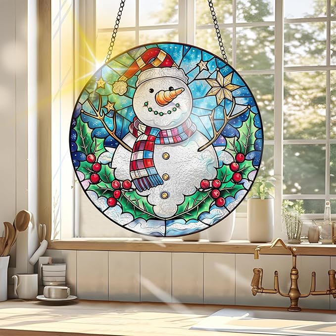 VAIIEYO Christmas Sun Catcher Stained Glass Window Hanging Ornament, Handmade Sun Catcher Snowman Decoration with Hooks for Window Garden Home, Christmas & Birthday Housewarming Gift (7.8 inch)
