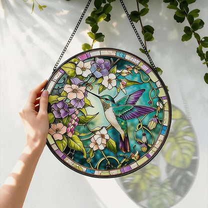 Stained Glass Sun Catcher,Fly HummingbirdStained Glass Window Hanging Garden Decor,Sun Catchers Indoor Window,Whimsical Decoration for Home Backyard Patio Lawn Porch with 9.8 INCH