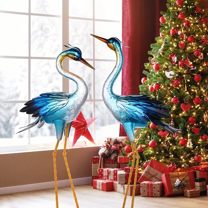 Shorayn Metal Crane Garden Statue, Garden Sculptures & Statues, Crane Ornaments Yard Art for Backyard Patio Lawn Decorations (Blue)