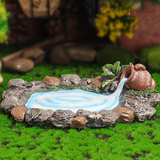 Fairy Garden Rock Pond 6.5in Long Hand Painted Lifelike Durable Resin Miniature Pond for Home Micro Landscape Decoration Miniature Garden Accessories