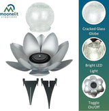 MCSLOTUS-S Silver Lotus Flower Solar LED Garden Light with Crackled Glass Globe – Waterproof Metal Outdoor Décor