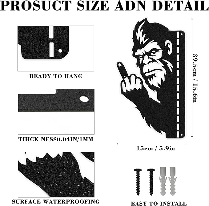Black Middle Finger Bigfoot Peeping Animal Metal Sign, Bigfoot Yard Decor Outdoor Metal Wall Art, Sasquatch Fence Art Peeking Middle Finger Animal Sign for Garden Patio Tree and House