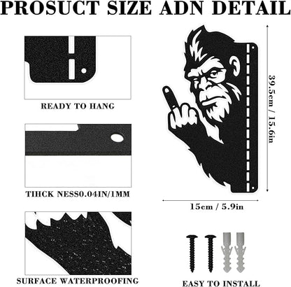 Black Middle Finger Bigfoot Peeping Animal Metal Sign, Bigfoot Yard Decor Outdoor Metal Wall Art, Sasquatch Fence Art Peeking Middle Finger Animal Sign for Garden Patio Tree and House