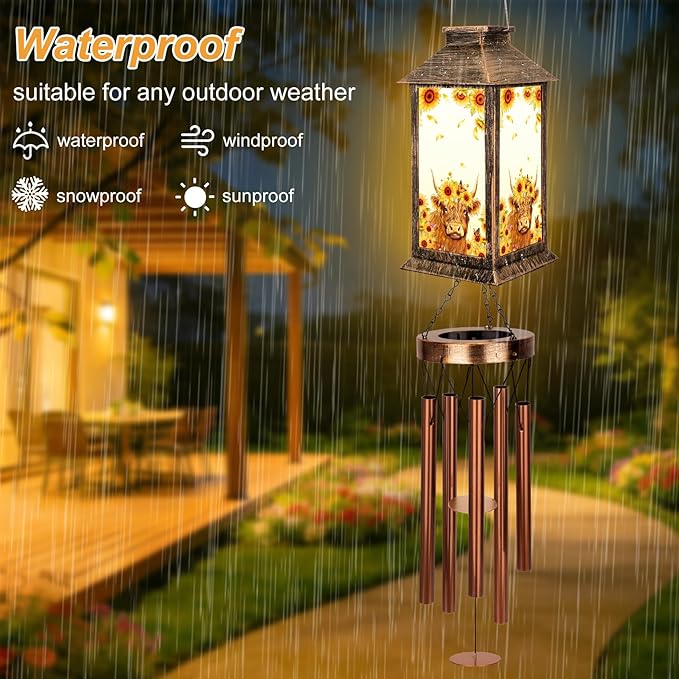 YHmall Highland Cow Wind Chimes for Outside, 37" Windchimes Outdoor Memorial Gifts for Women Mom Grandma, Hanging Solar Lantern Wind Chimes for Patio Garden Outdoor Decor