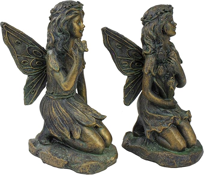 Northlight Set of 2 Bronze Kneeling Fairies with Flowers and a Butterfly Outdoor Garden Statues - 7"