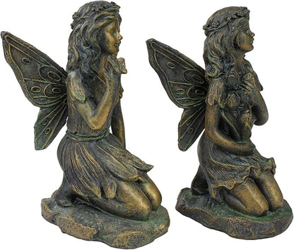 Northlight Set of 2 Bronze Kneeling Fairies with Flowers and a Butterfly Outdoor Garden Statues - 7"
