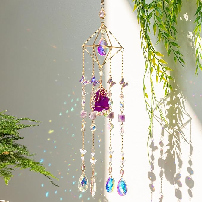 Crystal Suncatchers for Window Hanging Decor Amethyst Prism Sun Catcher Indoor Window Rainbow Maker Crystal Wind Chimes Garden Outdoor Home Decoration