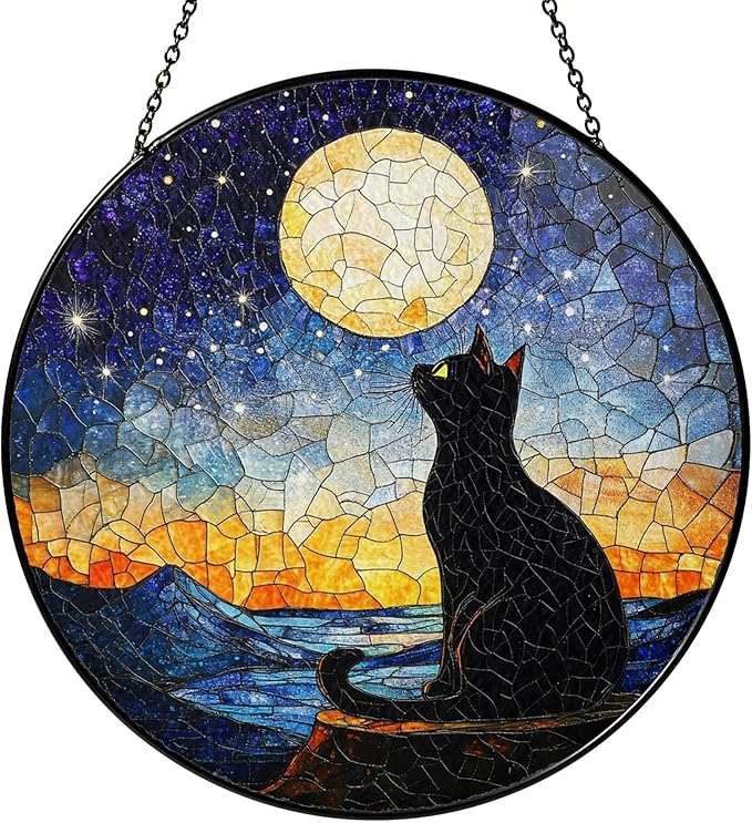 Black Cat Starry Night Stained Glass Suncatcher Window Hanging Decor for Garden, Cat Suncatcher Window Panel Gifts for Cats Lovers, Memorial Gifts for Pet Loss Sympathy Gift for Outdoor Decorations