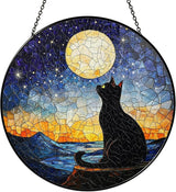 Black Cat Starry Night Stained Glass Suncatcher Window Hanging Decor for Garden, Cat Suncatcher Window Panel Gifts for Cats Lovers, Memorial Gifts for Pet Loss Sympathy Gift for Outdoor Decorations