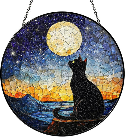 Black Cat Starry Night Stained Glass Suncatcher Window Hanging Decor for Garden, Cat Suncatcher Window Panel Gifts for Cats Lovers, Memorial Gifts for Pet Loss Sympathy Gift for Outdoor Decorations