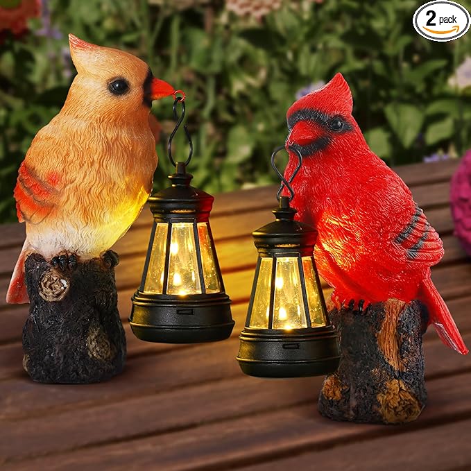 Suzile 2 Pcs Cardinal Gifts Red Cardinal Solar Light Cardinals Garden Decor Red Bird Figurine 6.3" Couple Cardinals Memorial Mothers Day Gifts Solar Light Statue for Memorial Balcony Yard Garden