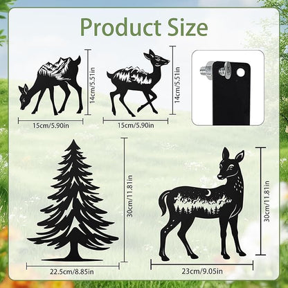 Romart Deer and Pine Tree Decorative Garden Stakes, 4 Pcs Forest Silhouette Metal Garden Stakes for Outdoor Yard Lawn Decor, Christmas for Nature Lovers