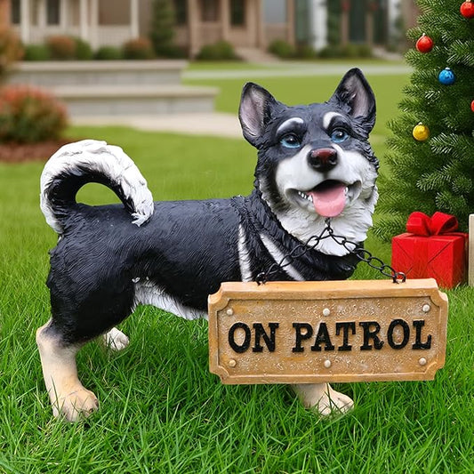 Black Husky Path Companion with Solar Lantern and Double-Sided Sign, Standing Husky Statue for Terrace, Walkway, Patio & Porch