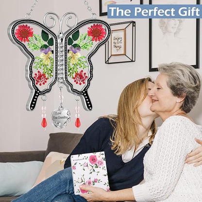 KY&BOSAM Suncatcher Butterfly Glass I Love You Grandma Suncatchers Ornament hangings for Windows Wind Chime with Pressed Flower Butterfly Embedded in Glass Mother`s Day Birthdays
