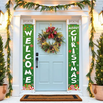 Ivenf Outdoor Christmas Decorations Yard: Cute Green White Front Porch Sign Banner, Welcome Merry Christmas Candy Decorations for Home, Indoor Outdoor Xmas Wall Front Door Yard Garage Décor