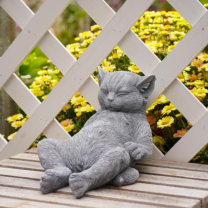 Stone Cat Garden Statue, Funny Resin Cat Figurine for Indoor & Outdoor Decor, Cute Relaxing Cat Sculpture for Patio Yard Lawn Porch Shelf, Cat Lover Gift, Weather Resistant, 9.8" L x 5.9" W x 6.7" H