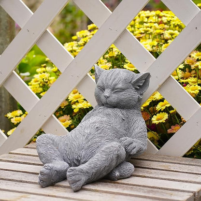 Stone Cat Garden Statue, Funny Resin Cat Figurine for Indoor & Outdoor Decor, Cute Relaxing Cat Sculpture for Patio Yard Lawn Porch Shelf, Cat Lover Gift, Weather Resistant, 9.8" L x 5.9" W x 6.7" H