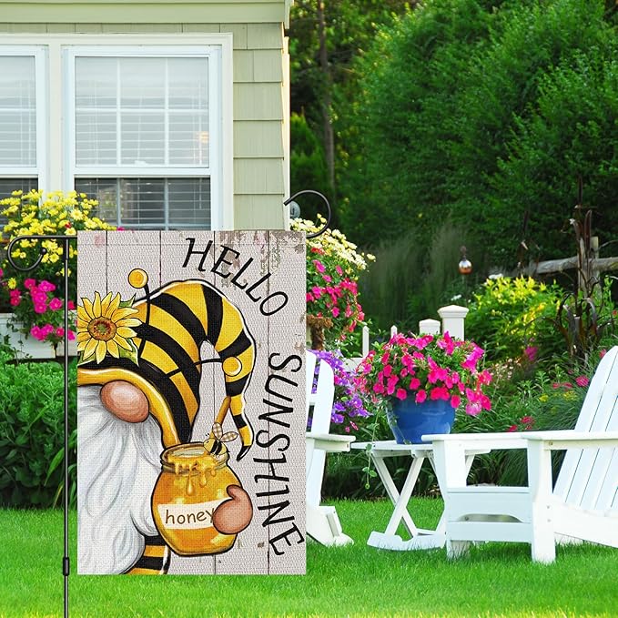 Heyfibro Hello Sunshine Summer Gnome Garden Flag 12x18 Double Sided Burlap Spring Sunflower Small Yard Banner for Rustic Seasonal Outside Outdoor House Decoration (ONLY FLAG)