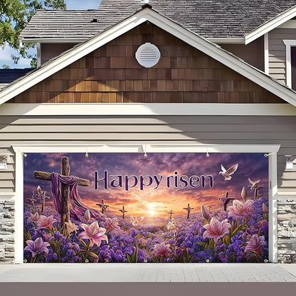 Easter Garage Door Banner Cover, Easter Cross Flowers Spring Party Backdrop Decor, Garage Door Cover For Outdoor Yard Holiday Decoration