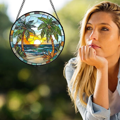 Stained Glass Window Hanging Sea Beach Coconut Trees Sunrise 7.8" - Suncatcher Door Garden Sunroom Sun Catcher Home Decor Birthday Christmas for Mom Men Woman Nana