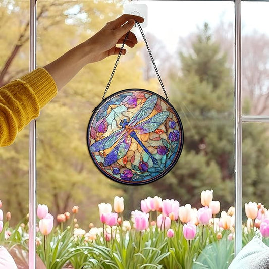Dragonfly Suncatcher Stained Glass Window Hanging Decor, Dragonfly Insect Flower Stained Glass Wall Decor, Nature Floral Lawn Garden Sun Catchers Indoor Window Hanging Wall Art, 7.9x7.9In