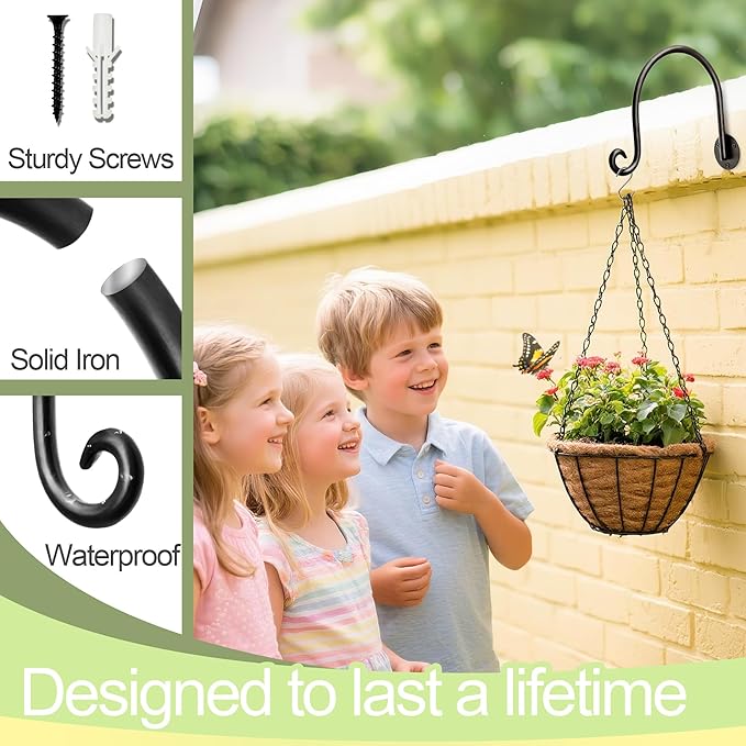 AJART Hanging Plant Hanger Outdoor: Bird Feeder Wall Hooks - 8 Inch Plant Bracket Hook for Hanging Flower Baskets 2 Pieces