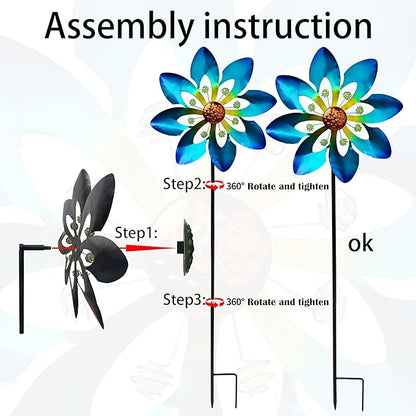 COOZZYHOUR Outdoor Metal Flower Wind Spinners,36 Inch Blue Flower Windmill with Stake,Pinwheels for Yard Lawn Patio and Garden Decor-Blue