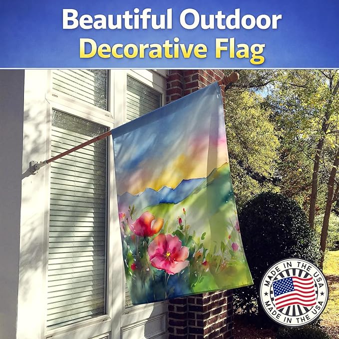 Caroline's Treasures North Dakota Wild Prairie Roses in Watercolor House Flag Large Porch Sleeve Pole Decorative Outside Yard Banner Artwork Wall Hanging, Polyester, House Size, Multicolor