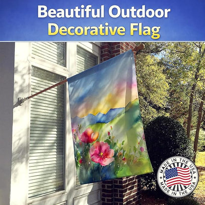 Caroline's Treasures North Dakota Wild Prairie Roses in Watercolor House Flag Large Porch Sleeve Pole Decorative Outside Yard Banner Artwork Wall Hanging, Polyester, House Size, Multicolor