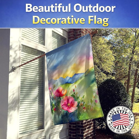 Caroline's Treasures North Dakota Wild Prairie Roses in Watercolor House Flag Large Porch Sleeve Pole Decorative Outside Yard Banner Artwork Wall Hanging, Polyester, House Size, Multicolor
