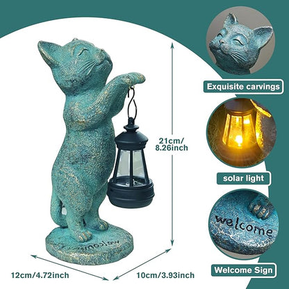 Outdoor Garden Cat Statues Decor - Birthday Gifts for Women Resin Cat Figurines with Solar Lantern for Yard Art Lawn Ornaments Porch Patio Balcony - Gifts for Grandma Mom Wife