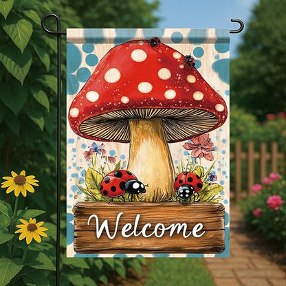 Spring Summer Garden Flag 12x18 Inch Mushroom Ladybug Welcome Woodland Floral Design Outdoor Yard Porch Lawn Garden for Seasonal Farmhouse Cottage Home Decor